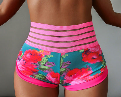 Small floral print hot pants yoga shorts outdoor printed yoga pants sports slim-fit pocket pink butt-lifting pants for women