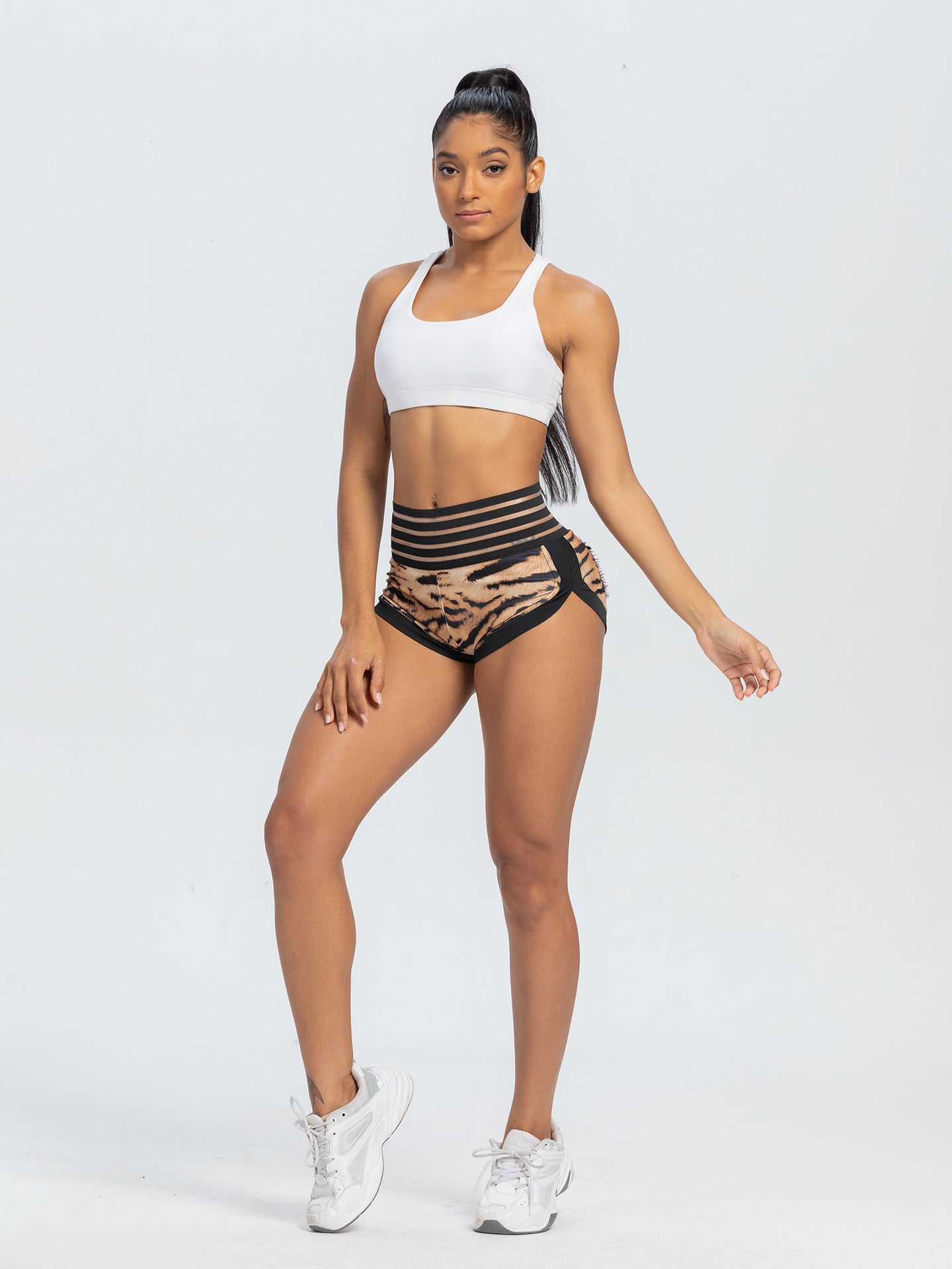 Peach Lace Waist Tiger Print Yoga Shorts with Pocket and Butt-Lifting Design