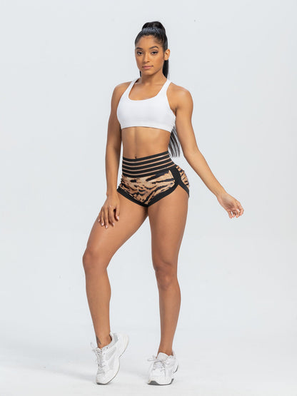 Peach Lace Waist Tiger Print Yoga Shorts with Pocket and Butt-Lifting Design