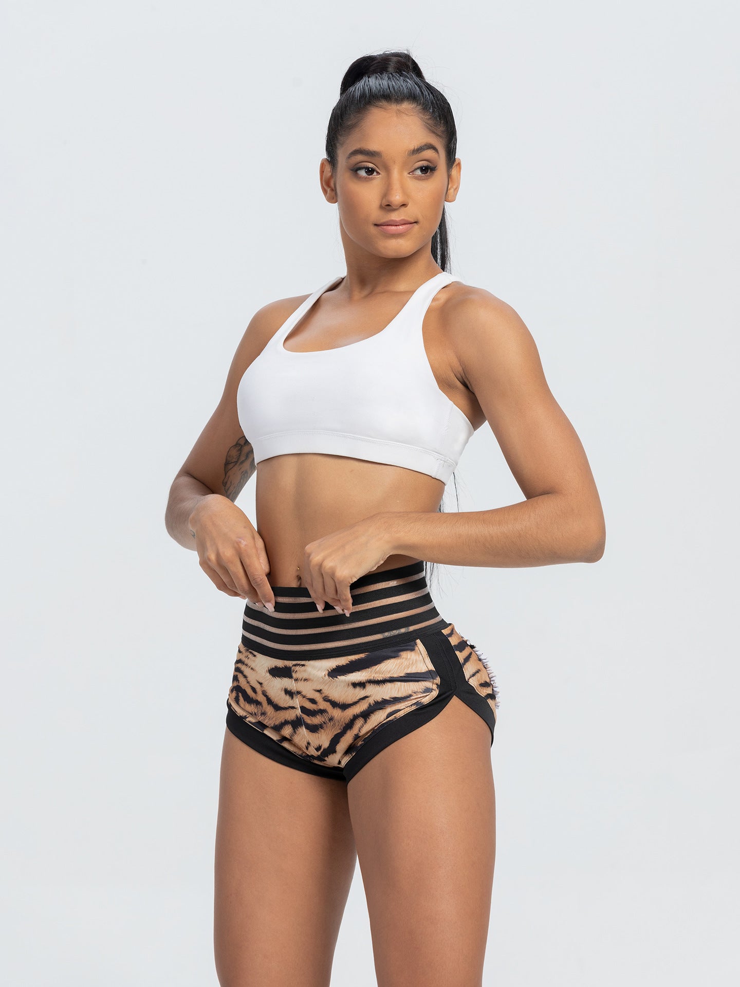 Peach Lace Waist Tiger Print Yoga Shorts with Pocket and Butt-Lifting Design