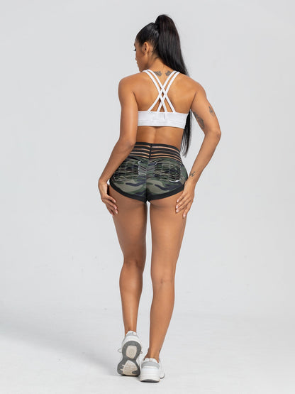 Peach Lace Waist Camouflage Print Yoga Shorts Sports Leggings with Pockets and Butt-Lifting Design