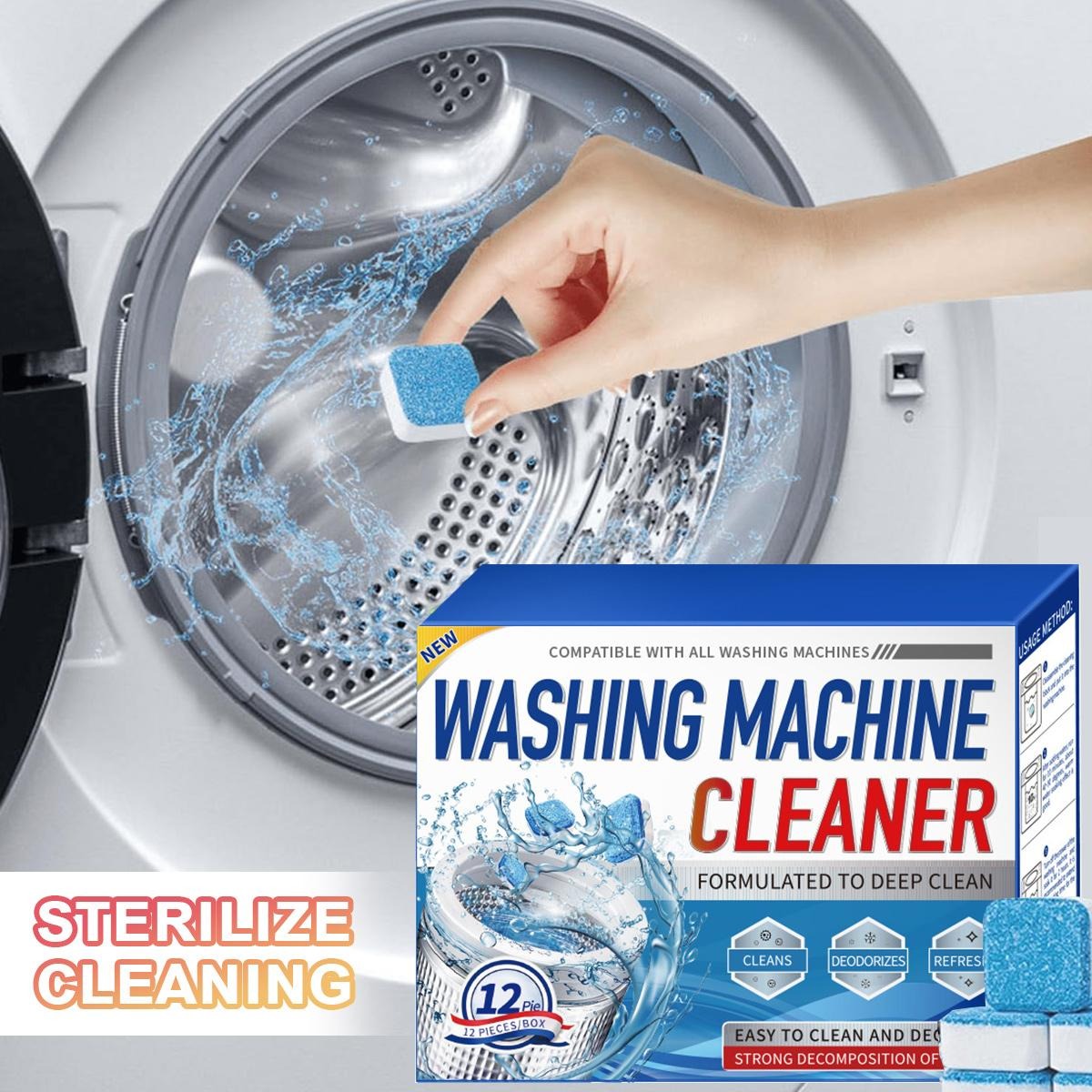 Washing Machine Cleaner Descaler 12 Pack - Deep Cleaning Tablets For HE Front Loader & Top Load Washer, Septic Safe Eco-Friendly Deodorizer, Clean Inside Drum And Laundry Tub Seal - 12 Month Supply
