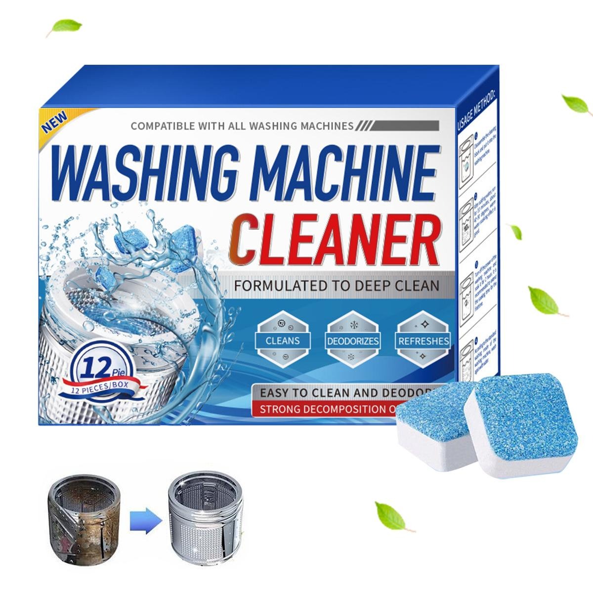 Washing Machine Cleaner Descaler 12 Pack - Deep Cleaning Tablets For HE Front Loader & Top Load Washer, Septic Safe Eco-Friendly Deodorizer, Clean Inside Drum And Laundry Tub Seal - 12 Month Supply