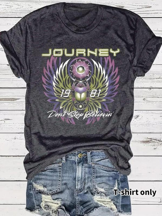 Women's Journey Don't Stop Believin' Print Round Neck Graphic Tee, Vintage Trendy Casual Short Sleeve T-shirt for Daily Wear, Ladies Summer Outfit Womenswear Clothes Tshirt Cotton