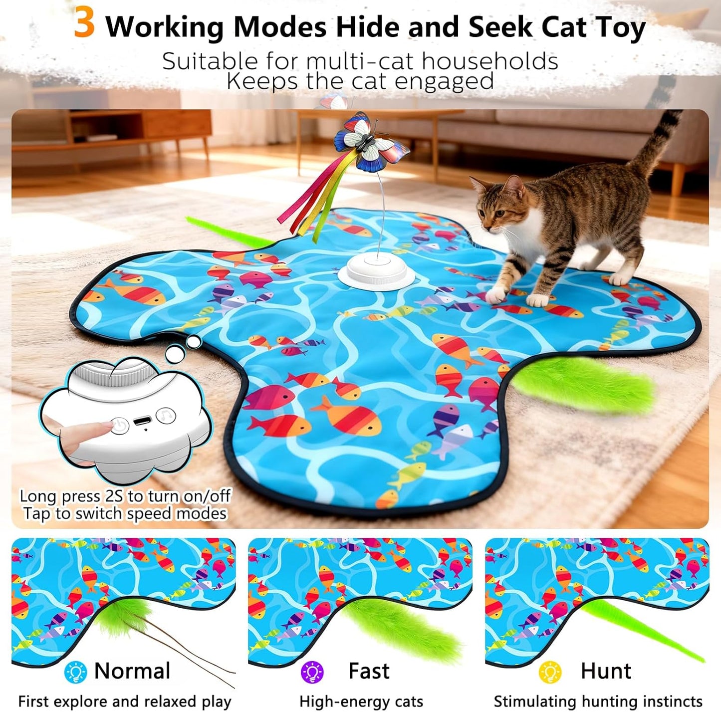 Interactive Cat Toys for Indoor Cats: Fluttering Butterfly, Moving Concealed Feathers, Realistic Animal Sounds - Rechargeable & Touch Activated Cat Toy for Bored Adult Cats