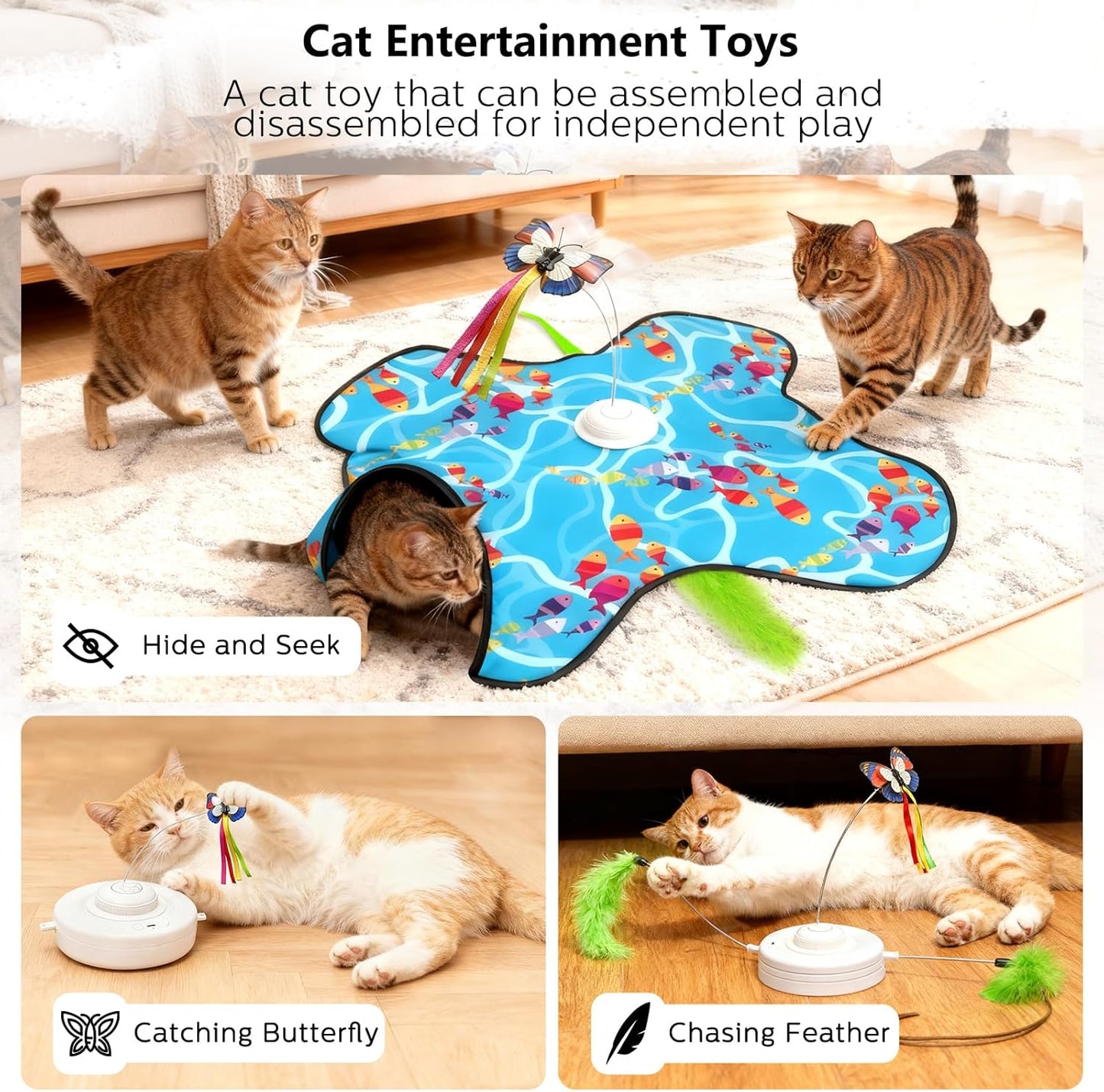 Interactive Cat Toys for Indoor Cats: Fluttering Butterfly, Moving Concealed Feathers, Realistic Animal Sounds - Rechargeable & Touch Activated Cat Toy for Bored Adult Cats