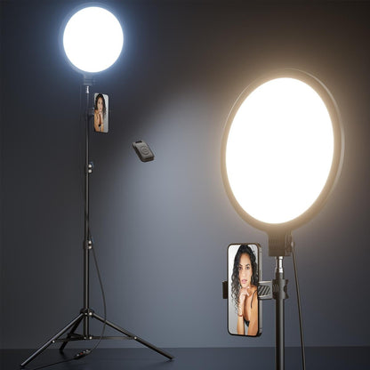 10.5-inch ring light with 69-inch tripod and phone holder kit, providing full-screen zoom lighting, suitable for video recording, makeup, and live streaming.