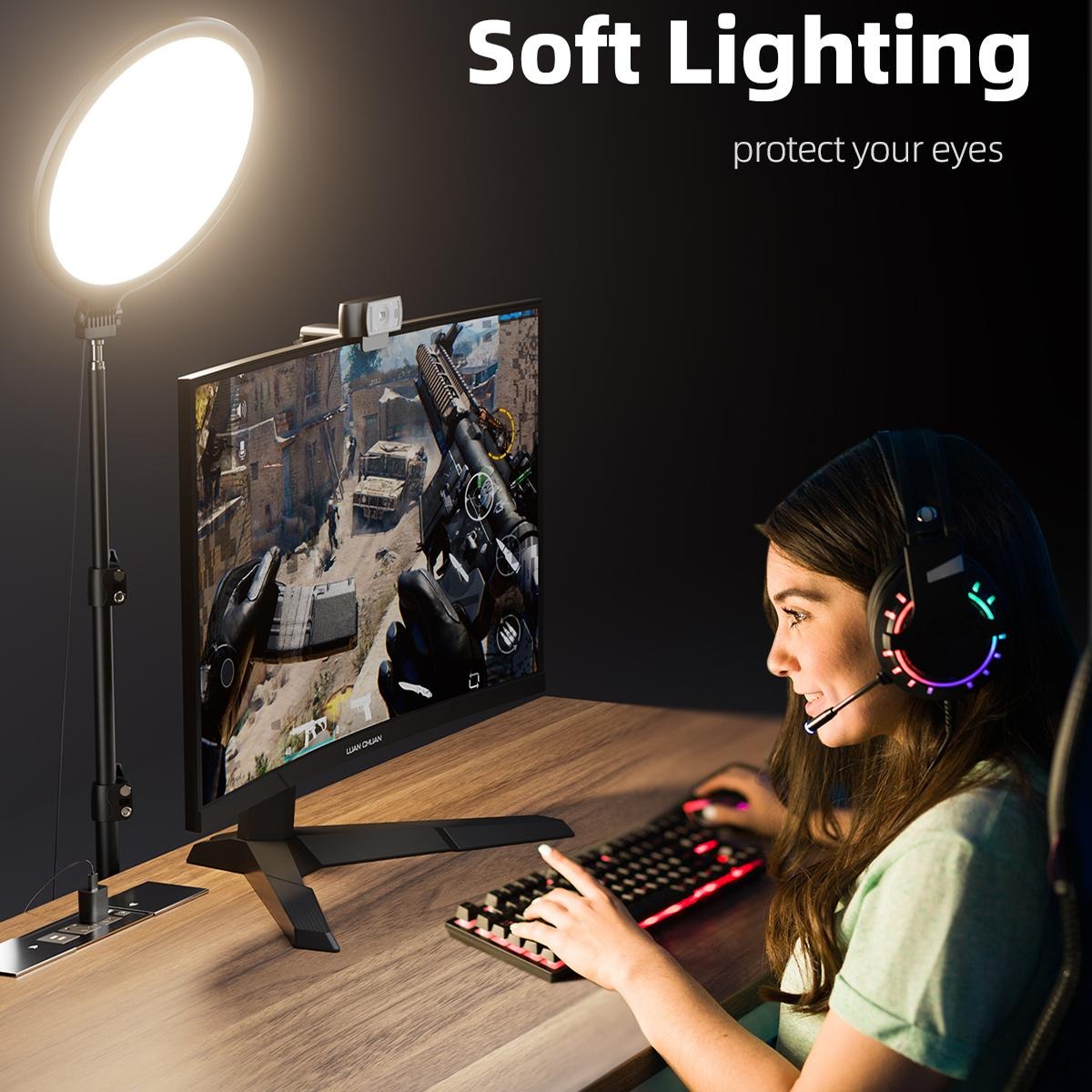 10.5-inch ring light with 69-inch tripod and phone holder kit, providing full-screen zoom lighting, suitable for video recording, makeup, and live streaming.