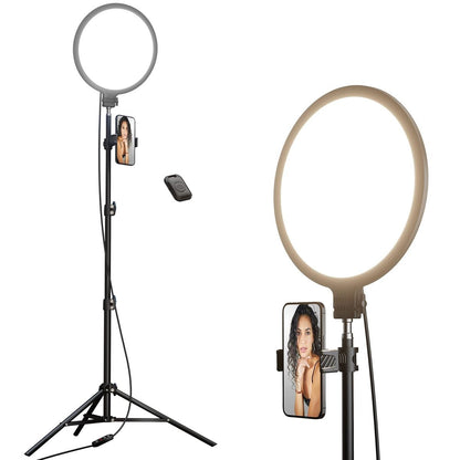 10.5-inch ring light with 69-inch tripod and phone holder kit, providing full-screen zoom lighting, suitable for video recording, makeup, and live streaming.