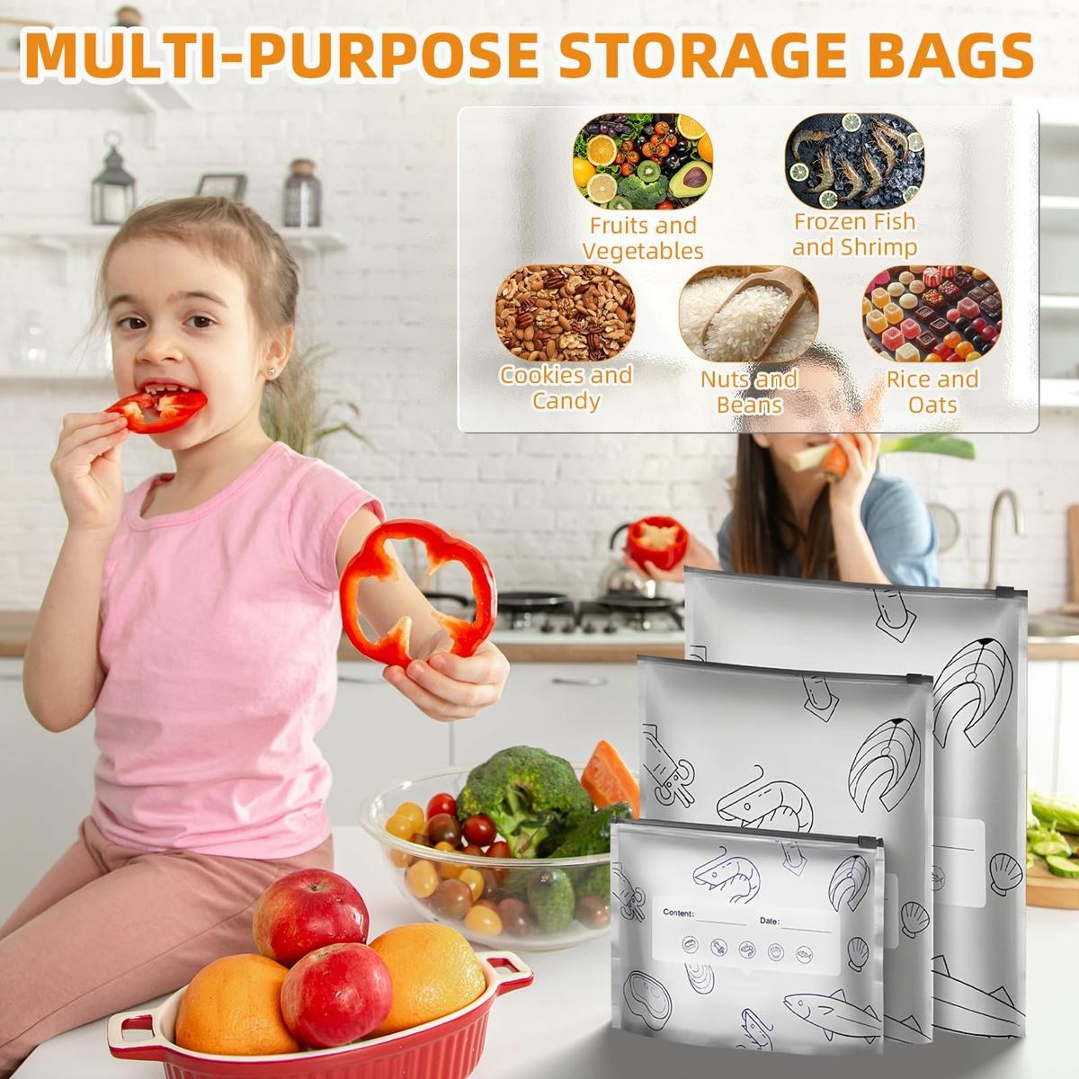 【Refrigerated Food】Reusable Aluminum Foil Sealable Storage Bags, Resealable Vacuum Zipper Pouches for Food, Stand Up Foil Sealable Bags with Label and Zip Lock for Vegetable Fruit Meat