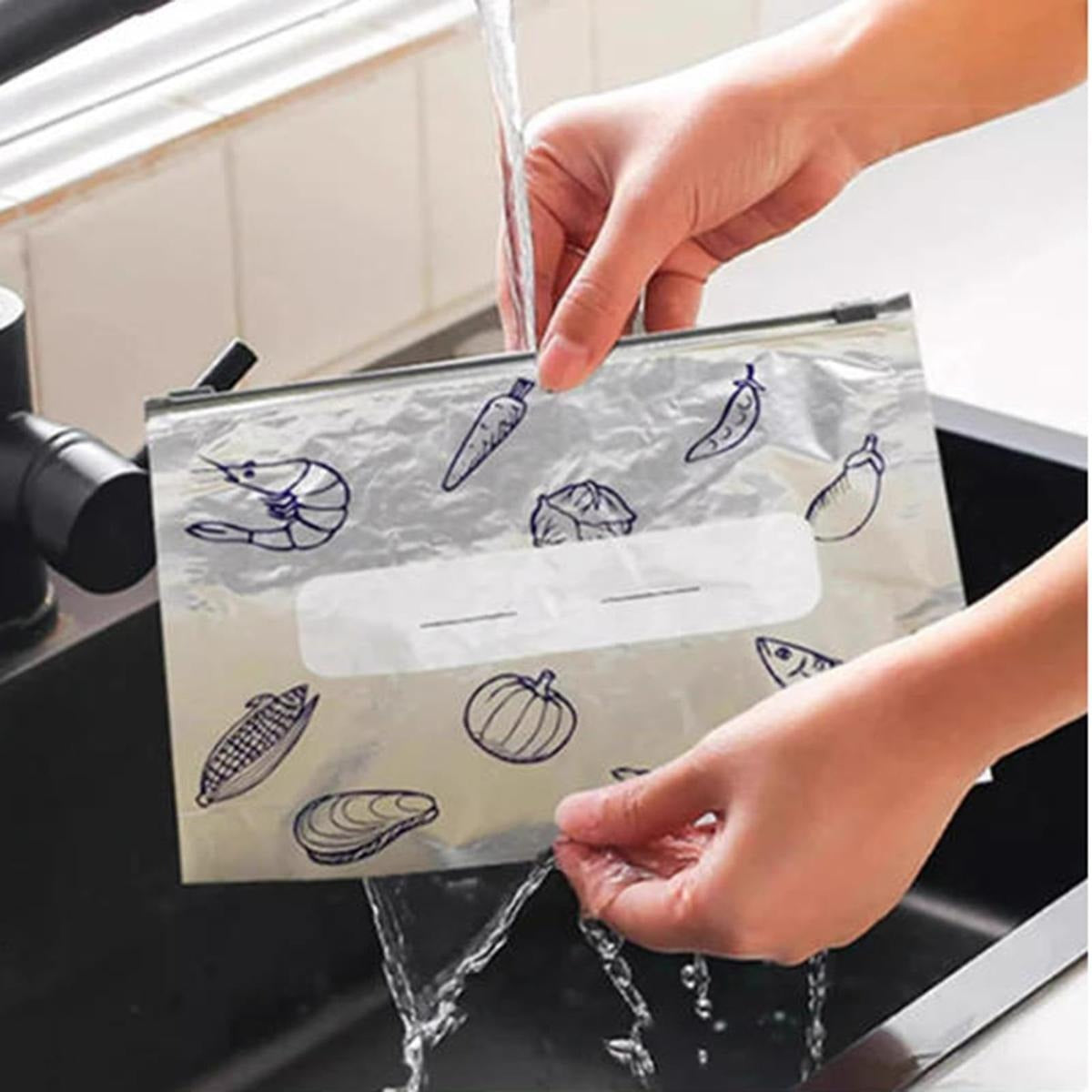 【Refrigerated Food】Reusable Aluminum Foil Sealable Storage Bags, Resealable Vacuum Zipper Pouches for Food, Stand Up Foil Sealable Bags with Label and Zip Lock for Vegetable Fruit Meat