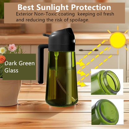 2 Count 2 in 1  Oil Sprayer for Cooking 16oz/470ml Light-Blocking Dark , Olive Oil Dispenser Bottle for Kitchen, Premium Dark Green Glass Oil Bottle, Food-Grade Oil Mister for Air Fryer, BBQ