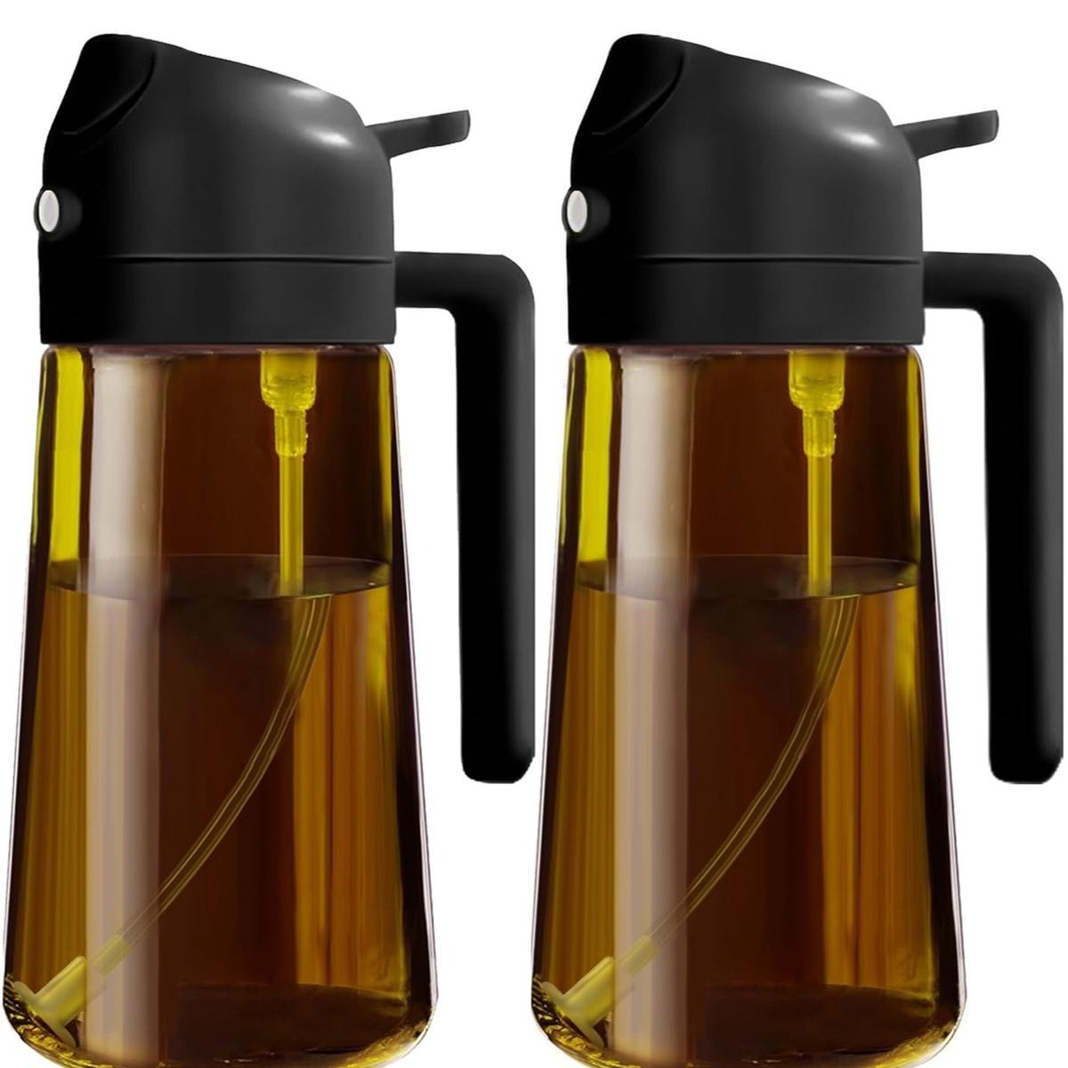 2 Count 2 in 1  Oil Sprayer for Cooking 16oz/470ml Light-Blocking Dark , Olive Oil Dispenser Bottle for Kitchen, Premium Dark Green Glass Oil Bottle, Food-Grade Oil Mister for Air Fryer, BBQ