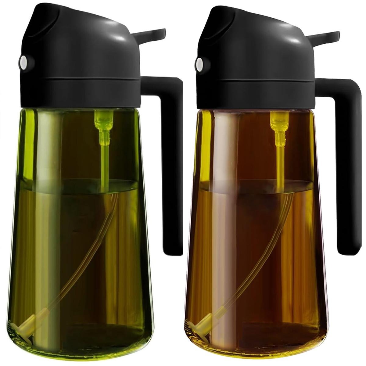 2 Count 2 in 1  Oil Sprayer for Cooking 16oz/470ml Light-Blocking Dark , Olive Oil Dispenser Bottle for Kitchen, Premium Dark Green Glass Oil Bottle, Food-Grade Oil Mister for Air Fryer, BBQ
