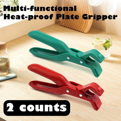 2 Counts Hot Plate Gripper, Multi-Purpose Anti-Scald Tool for Bowls, Plates, Pans, Serving as Holder, Clip, Tongs, Clamp in Kitchen Red & Green