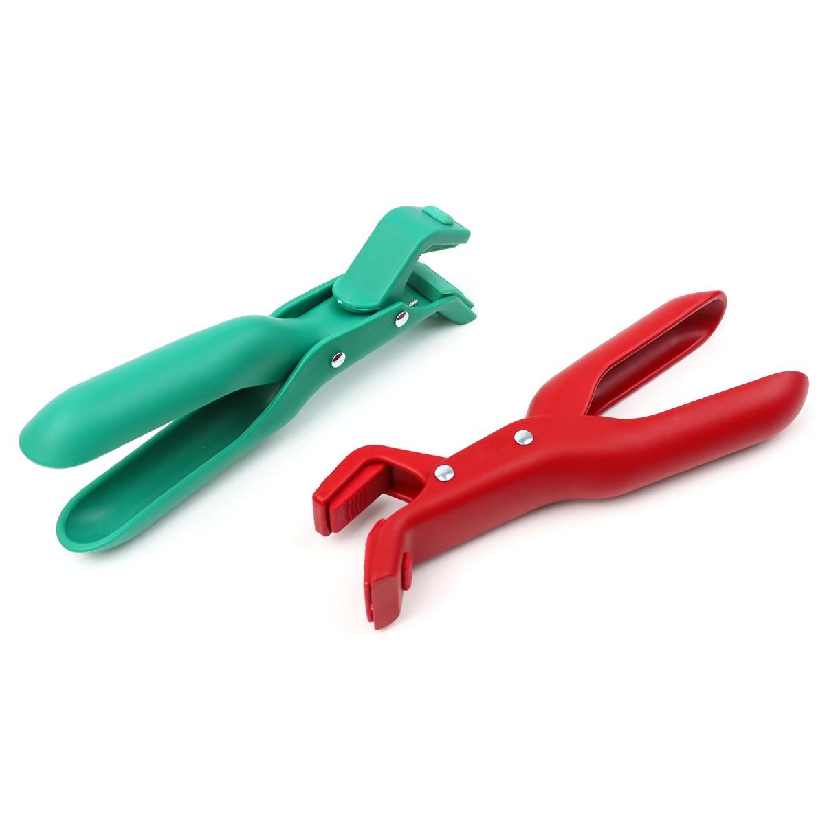 2 Counts Hot Plate Gripper, Multi-Purpose Anti-Scald Tool for Bowls, Plates, Pans, Serving as Holder, Clip, Tongs, Clamp in Kitchen Red & Green