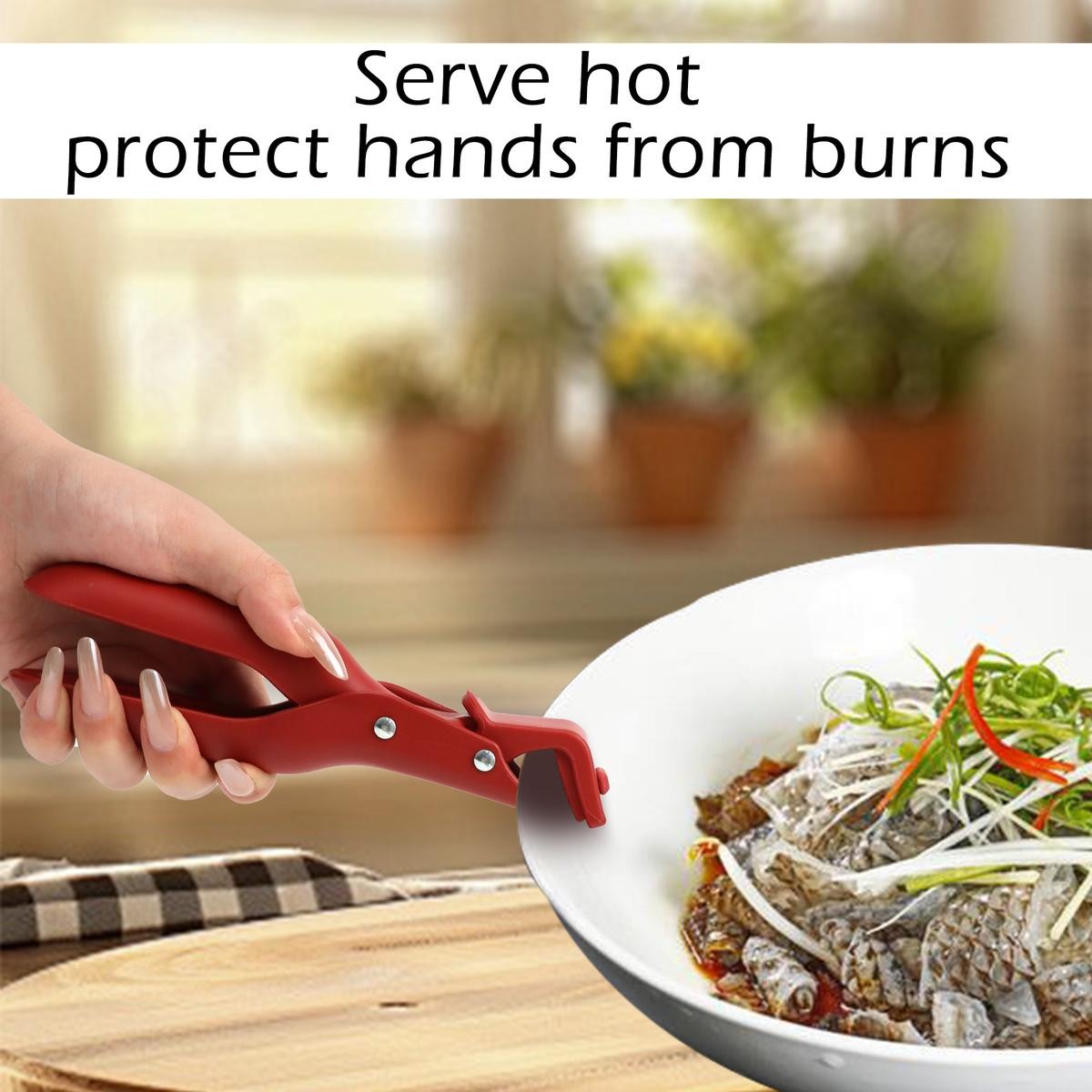 2 Counts Hot Plate Gripper, Multi-Purpose Anti-Scald Tool for Bowls, Plates, Pans, Serving as Holder, Clip, Tongs, Clamp in Kitchen Red & Green