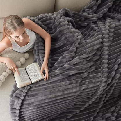 Warm And Cozy Flannel Blanket, Imitation Rabbit Fur Blanket, Soft And Warm Sofa Blanket, Office Bed Camping Travel Nap Blanket, Four Seasons Multipurpose Striped Pattern Gift Blanket