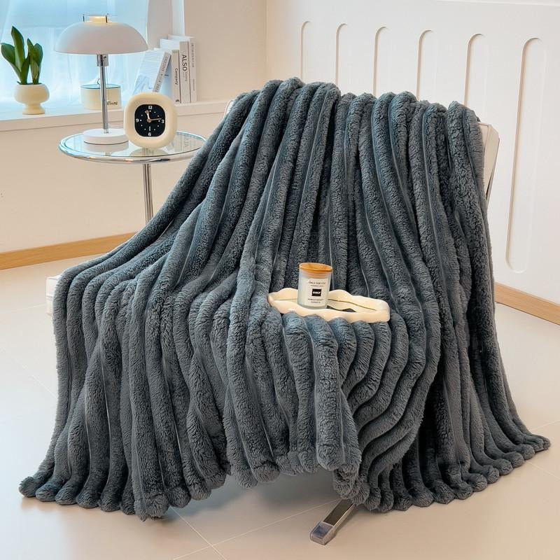 Warm And Cozy Flannel Blanket, Imitation Rabbit Fur Blanket, Soft And Warm Sofa Blanket, Office Bed Camping Travel Nap Blanket, Four Seasons Multipurpose Striped Pattern Gift Blanket
