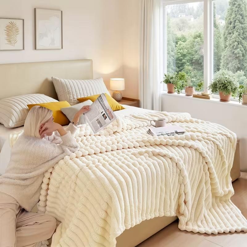 Warm And Cozy Flannel Blanket, Imitation Rabbit Fur Blanket, Soft And Warm Sofa Blanket, Office Bed Camping Travel Nap Blanket, Four Seasons Multipurpose Striped Pattern Gift Blanket