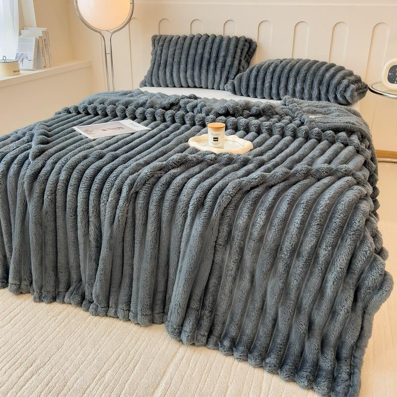 Warm And Cozy Flannel Blanket, Imitation Rabbit Fur Blanket, Soft And Warm Sofa Blanket, Office Bed Camping Travel Nap Blanket, Four Seasons Multipurpose Striped Pattern Gift Blanket