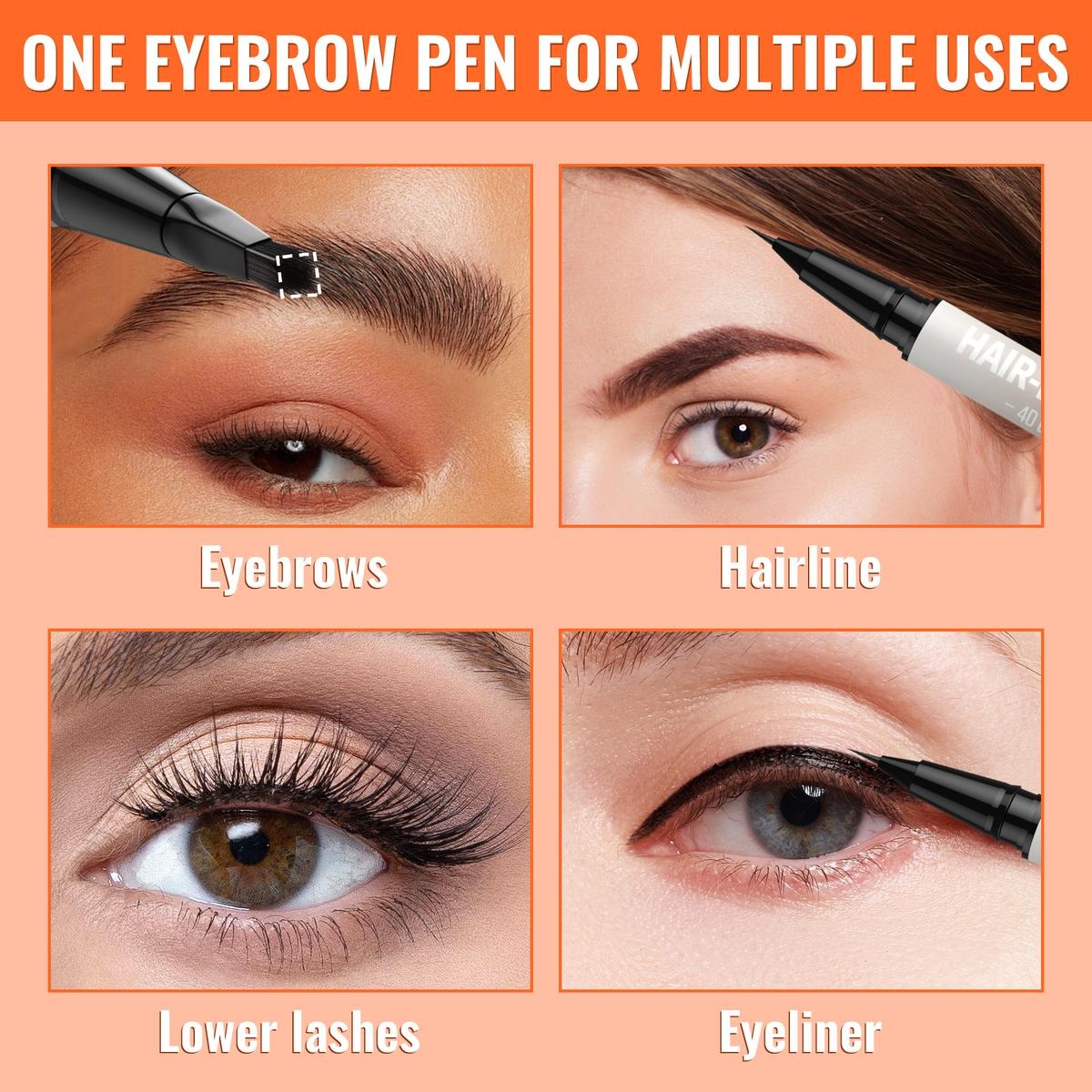 4D Brow Pen, 2-in-1 Eyebrow Pencil with Waterproof Microblading and Dual-Ended Eyeliner Brush for Natural Brow Makeup and Eyelash Line