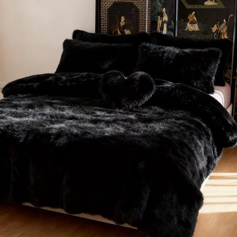 4 Piece Plush Duvet Cover Set (1 Fluffy Faux Duvet Cover+ 1 Heart Pillow + 2 Furry Pillow Shams), Soft & Warm Bedding Set (Pink, Queen (U.S.Standard)