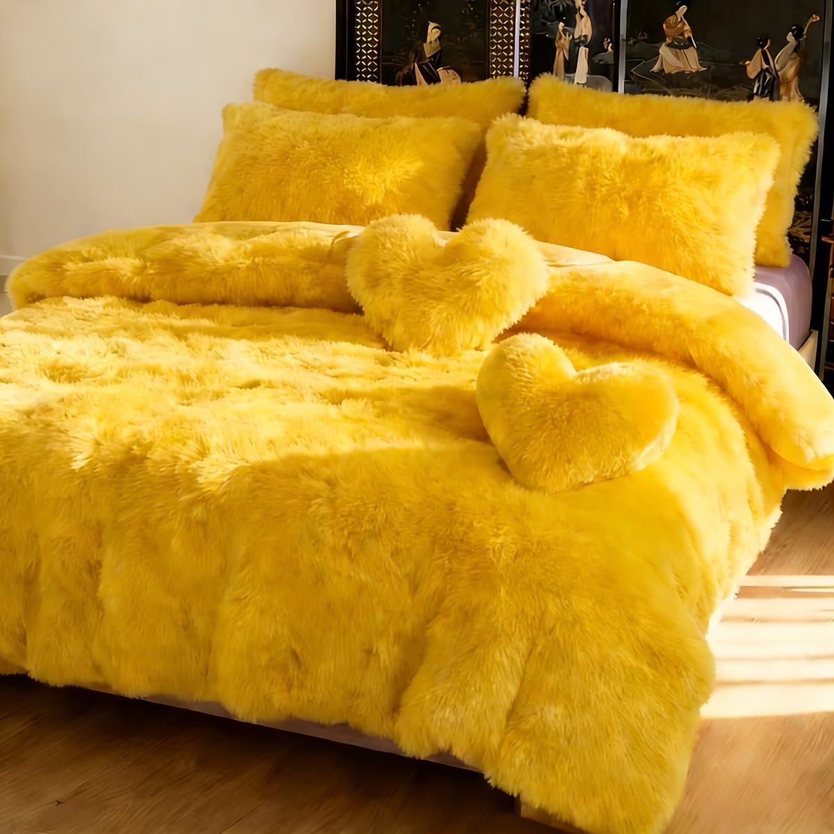 4 Piece Plush Duvet Cover Set (1 Fluffy Faux Duvet Cover+ 1 Heart Pillow + 2 Furry Pillow Shams), Soft & Warm Bedding Set (Pink, Queen (U.S.Standard)