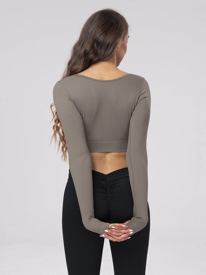 Casual Fitness Wear Sexy Long-Sleeve Top with Exposed Navel, Seamless Square Neckline Yoga T-Shirt for Women