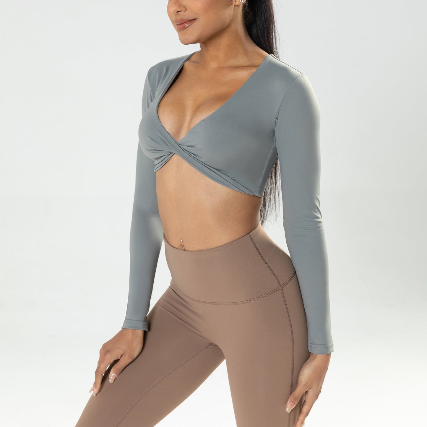 Women's Long-Sleeve Fitness Shirt with Deep V-Neck, Slim-Fit, Breathable, Crop Top for Outdoor Yoga