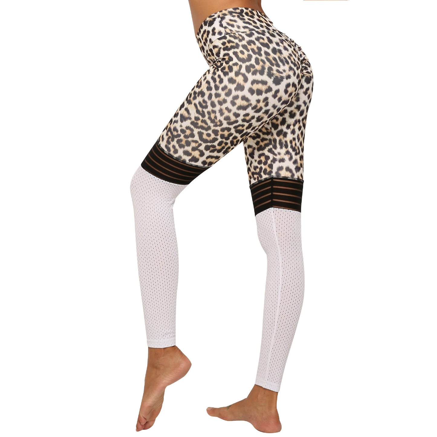 Sexy and fashionable leopard print patchwork leggings yoga fitness pants for women, polyester matte finish