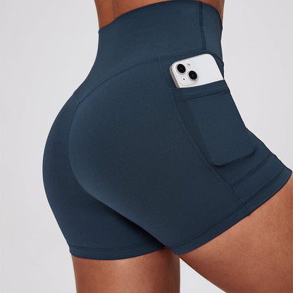 Fitness Shorts with Pockets, Sports Yoga Pants for Women, Bare-Skin Peach Butt Workwear Tight Shorts, Sports Cycling 3/4 Shorts