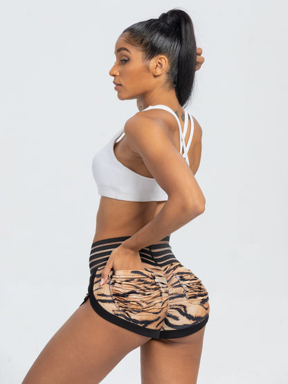 Peach Lace Waist Tiger Print Yoga Shorts with Pocket and Butt-Lifting Design