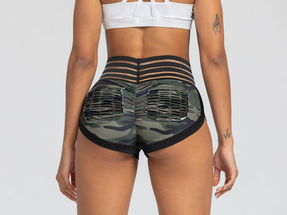 Peach Lace Waist Camouflage Print Yoga Shorts Sports Leggings with Pockets and Butt-Lifting Design