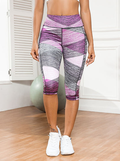 Yoga 7/8 Legs Women's Side Pocket Printed Leggings High-Waisted Tummy-Control Outerwear Running Fitness Pants