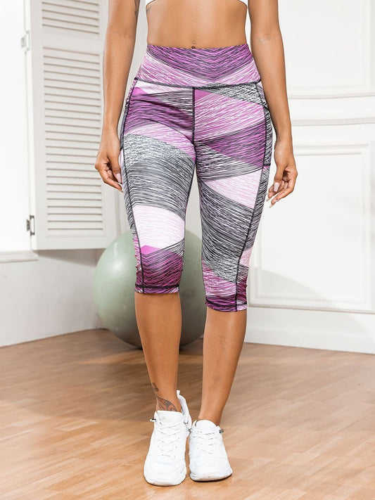 Yoga 7/8 Legs Women's Side Pocket Printed Leggings High-Waisted Tummy-Control Outerwear Running Fitness Pants