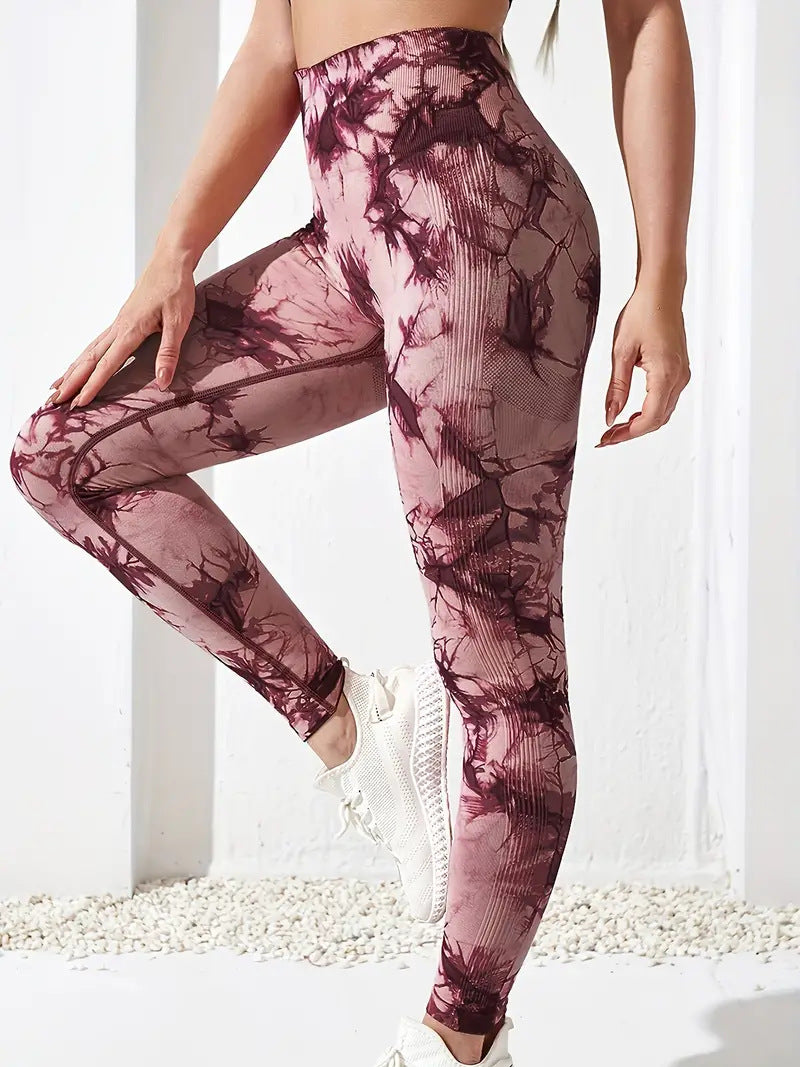 High-waisted yoga pants with a butt-lifting design, seamless fitness wear, tie-dye leggings for women