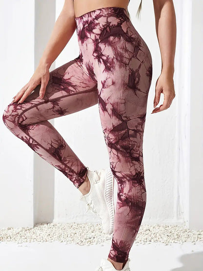 High-waisted yoga pants with a butt-lifting design, seamless fitness wear, tie-dye leggings for women