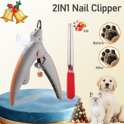 2IN1 nail clipper set with Christmas decorations and before/after images of a dog's nails.