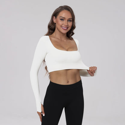 Casual Fitness Wear Sexy Long-Sleeve Top with Exposed Navel, Seamless Square Neckline Yoga T-Shirt for Women