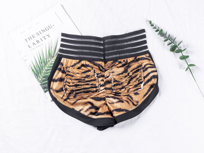 Peach Lace Waist Tiger Print Yoga Shorts with Pocket and Butt-Lifting Design