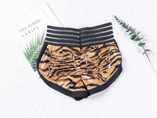 Peach Lace Waist Tiger Print Yoga Shorts with Pocket and Butt-Lifting Design