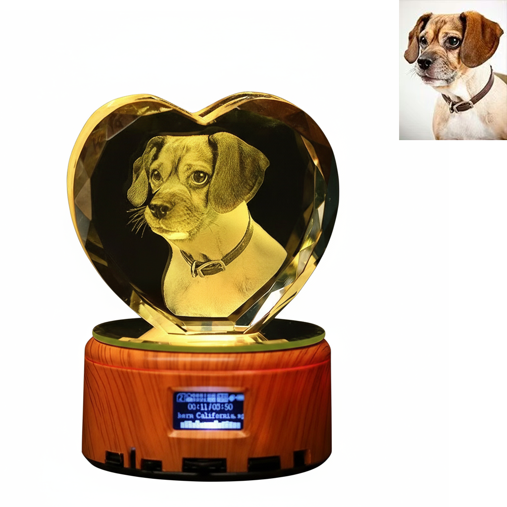 Custom 3D Crystal Music Lamp — Heart Photo Engraving, Bluetooth, LED Rotation