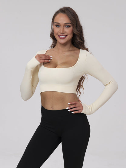 Casual Fitness Wear Sexy Long-Sleeve Top with Exposed Navel, Seamless Square Neckline Yoga T-Shirt for Women