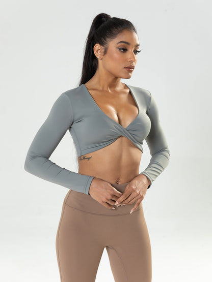 Women's Long-Sleeve Fitness Shirt with Deep V-Neck, Slim-Fit, Breathable, Crop Top for Outdoor Yoga