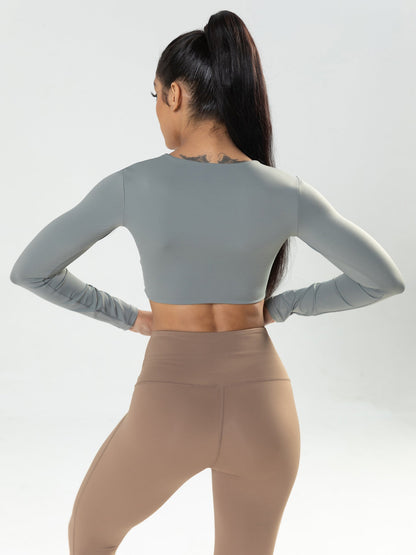 Women's Long-Sleeve Fitness Shirt with Deep V-Neck, Slim-Fit, Breathable, Crop Top for Outdoor Yoga