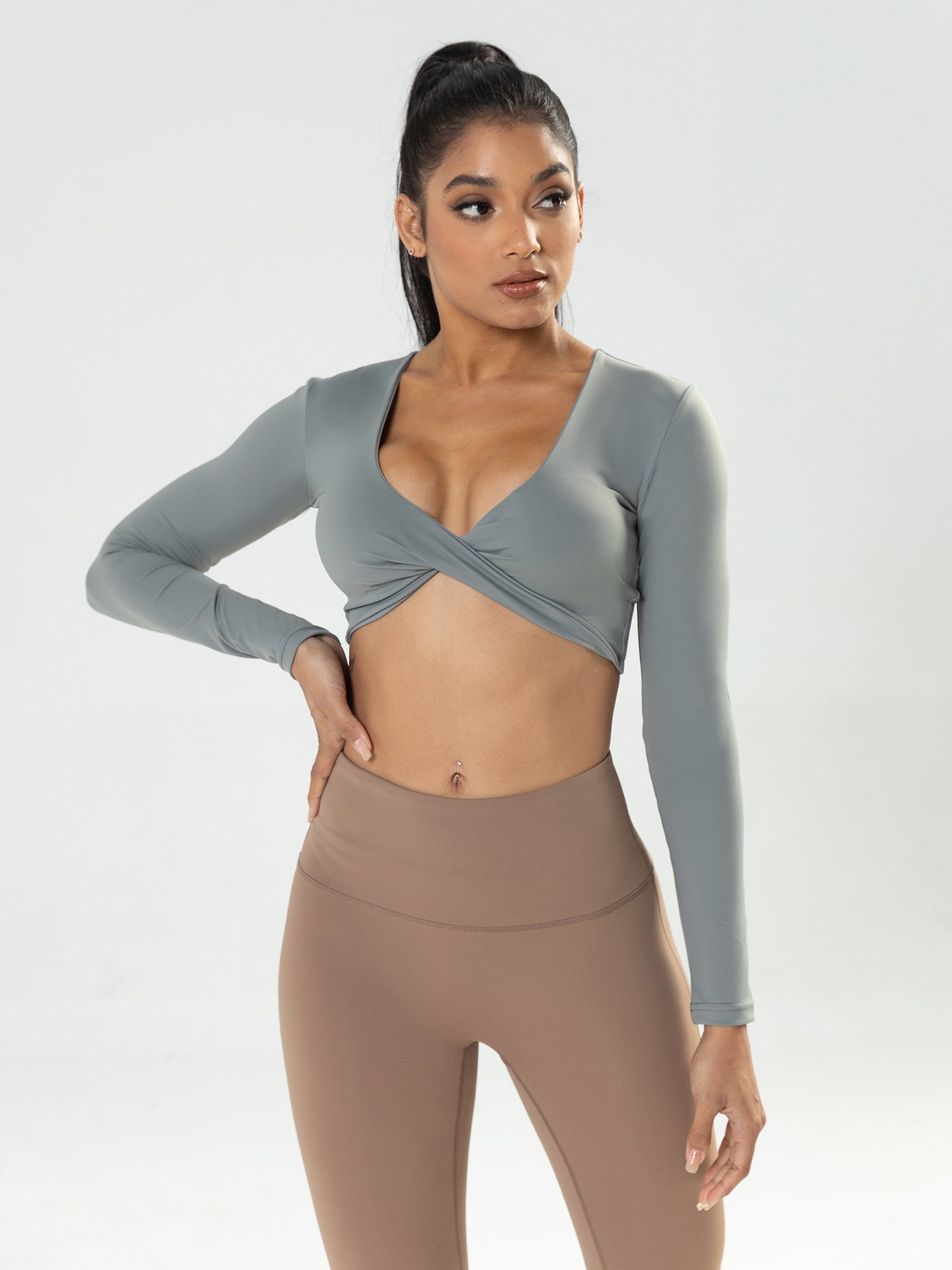 Women's Long-Sleeve Fitness Shirt with Deep V-Neck, Slim-Fit, Breathable, Crop Top for Outdoor Yoga