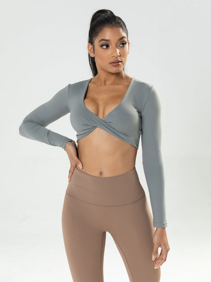 Women's Long-Sleeve Fitness Shirt with Deep V-Neck, Slim-Fit, Breathable, Crop Top for Outdoor Yoga