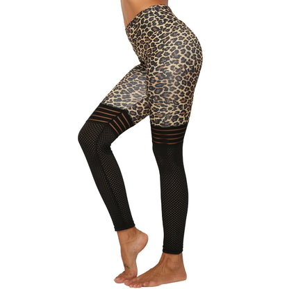 Sexy and fashionable leopard print patchwork leggings yoga fitness pants for women, polyester matte finish