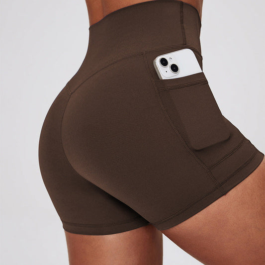 Fitness Shorts with Pockets, Sports Yoga Pants for Women, Bare-Skin Peach Butt Workwear Tight Shorts, Sports Cycling 3/4 Shorts